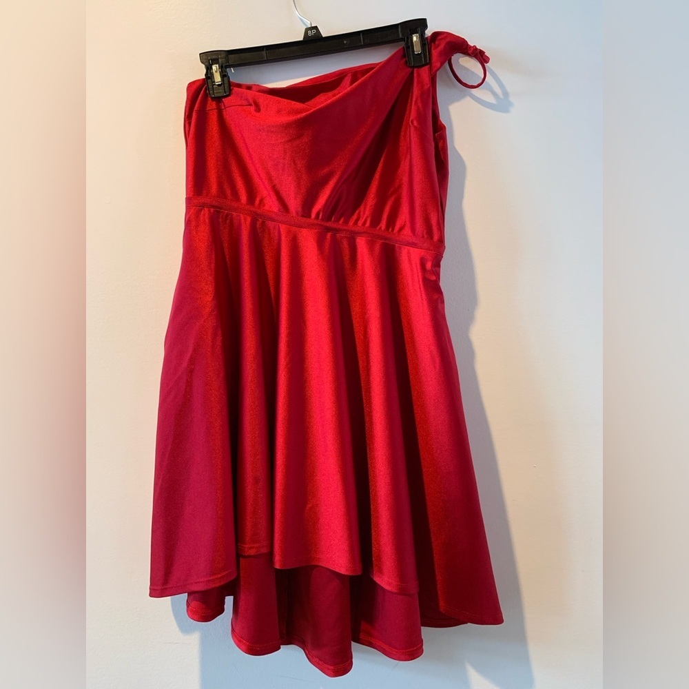 Jr City Studio 1 Shoulder Fit-and-flare Mini Silky Soft Red Dress pockets Sz 15 - Picture 9 of 12